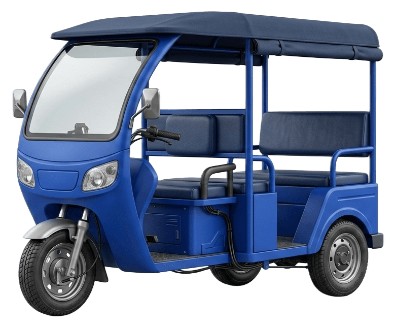 Photo of a blue battery-powered e-rickshaw